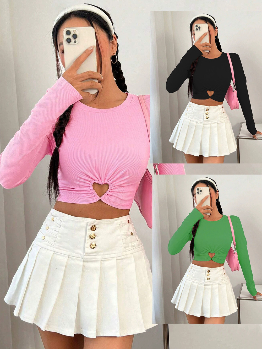 ZARA Round Neck Slim Fit Long Sleeve Crop Top Heart Print Barbie Pink